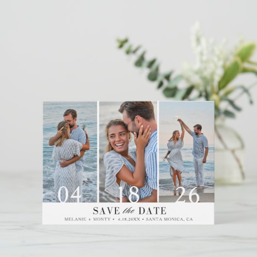 Drie foto's Collage Weddenschap Save the Date (Staand voorkant)
