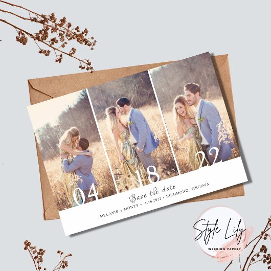 Drie foto's Collage Weddenschap Save the Date