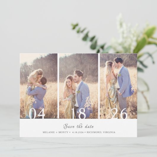 Drie foto's Collage Weddenschap Save the Date Aankondiging (Staand voorkant)