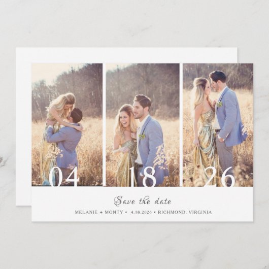 Drie foto's Collage Weddenschap Save the Date Aankondiging (Voorkant / Achterkant)