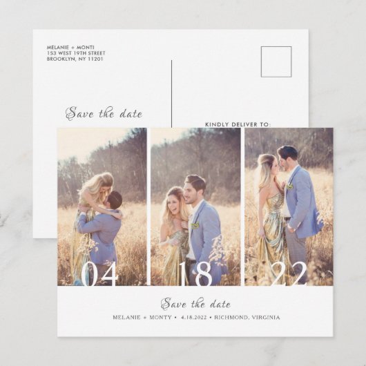 Drie foto's Collage Weddenschap Save the Date Aankondigingskaart (Voorkant / Achterkant)