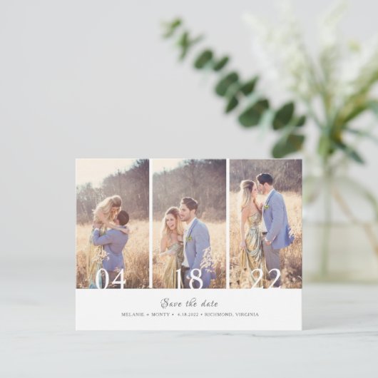 Drie foto's Collage Weddenschap Save the Date Aankondigingskaart (Staand voorkant)