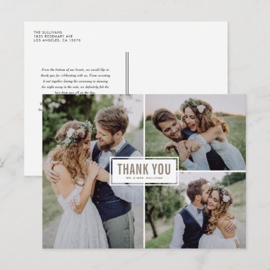 Drie foto's Collage Wedding Dank u Briefkaart (Voorkant / Achterkant)