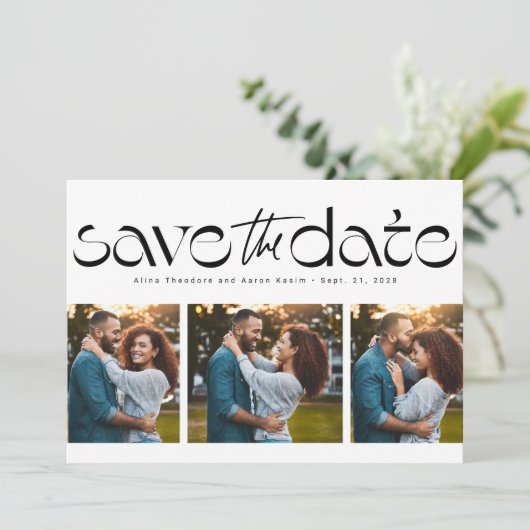 Drie foto's eenvoudig modern trendy zwart wit save the date (Staand voorkant)