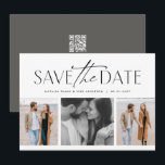 Drie foto's eenvoudig stijlvol zwart wit save the date<br><div class="desc">Deze eenvoudige maar stijlvolle foto save the date kaart is de perfecte manier om je verloving en aankomende trouwdag aan te kondigen bij vrienden en familie. De voorkant van deze save the date heeft een moderne typografie in zwart boven een collage van drie foto's. De achterkant is een chic antracietgrijs...</div>