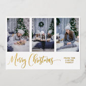 Drie foto's, Elegant Merry-kerstscript, echt Folie Feestdagenkaart (Voorkant)