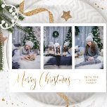 Drie foto's, Elegant Merry-kerstscript, echt Folie Feestdagenkaart<br><div class="desc">Elegant foto collage kerstfeestkaart met drie fotosjablonen die u met uw eigen afbeeldingen kunt personaliseren. Aangepaste tekstsectie op de voorzijde voor familienaam, naam of namen of jaar. De rug met de sectie van de sjabloon van de tekst zodat kunt u om het even welk bericht toevoegen u houdt van, of...</div>