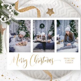 Drie foto's, Elegant Merry-kerstscript, echt Folie Feestdagenkaart