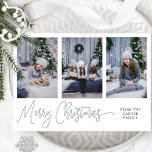 Drie foto's, Elegant Merry Kerstscript Silver Folie Feestdagenkaart<br><div class="desc">Elegant echte zilveren folie, foto-collage kerstfeestkaart met drie fotosjablonen die u met uw eigen afbeeldingen kunt personaliseren. Aangepaste tekstsectie op de voorzijde voor familienaam, naam of namen of jaar. De rug met de sectie van de sjabloon van de tekst zodat kunt u om het even welk bericht toevoegen u houdt...</div>
