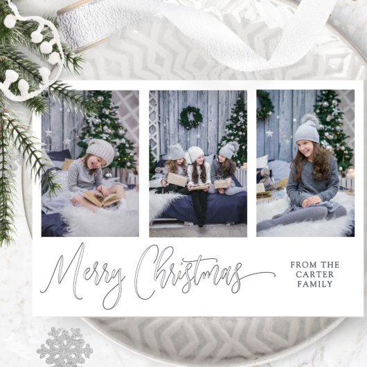 Drie foto's, Elegant Merry Kerstscript Silver Folie Feestdagenkaart