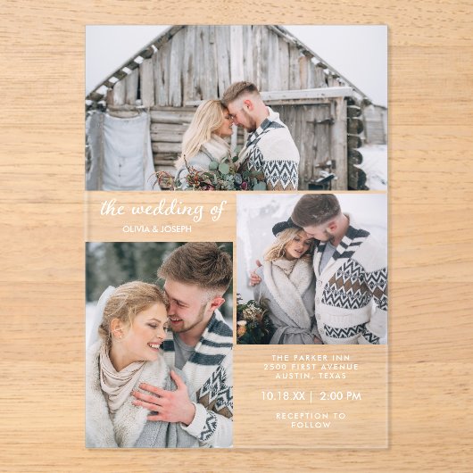 Drie foto's en eenvoudige tekst | Bruiloft Acryl Uitnodigingen (Voorkant)