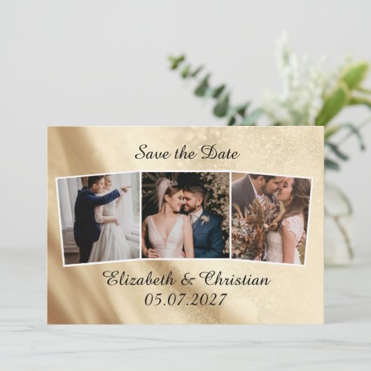Drie foto's Gold Foil legant sparen de datum Kaart (Staand voorkant)