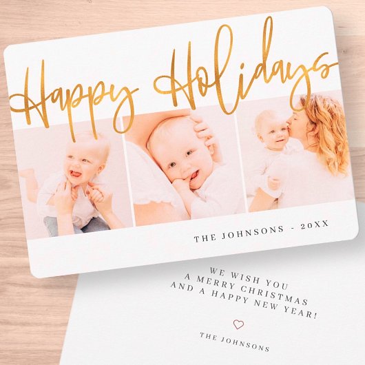 Drie foto's met de gouden kerstgroet feestdagenkaart