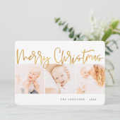 Drie foto's met de gouden kerstgroet feestdagenkaart (Staand voorkant)