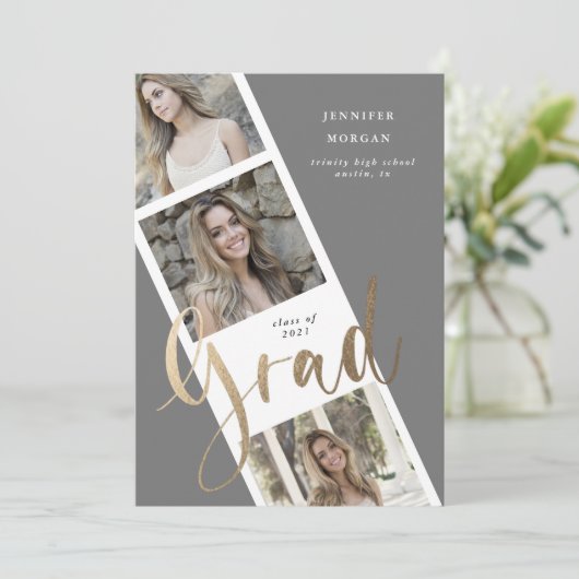 drie foto's met gouden afstuderen - aankondiging (Staand voorkant)