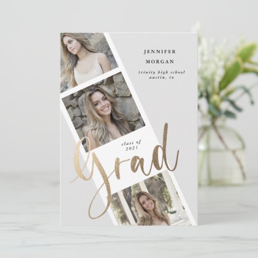 drie foto's met gouden afstuderen - aankondiging (Staand voorkant)