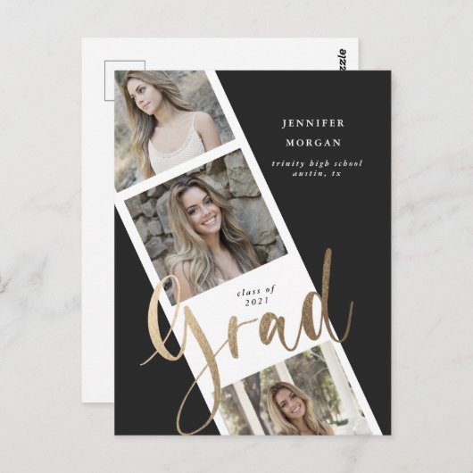 drie foto's met gouden afstuderen - aankondiging briefkaart (Voorkant / Achterkant)