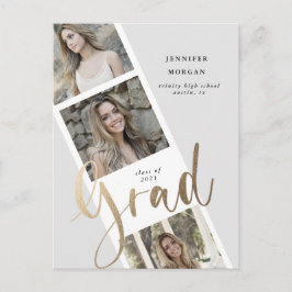 drie foto's met gouden afstuderen - aankondiging briefkaart
