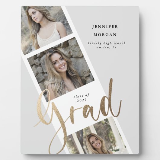 drie foto's met gouden afstuderen - aankondiging fotoplaat (Voorkant)