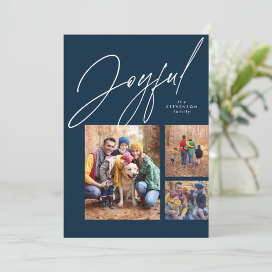 drie foto's met kerstfeest in de blauwe familie feestdagenkaart (Staand voorkant)