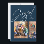 drie foto's met kerstfeest in de blauwe familie feestdagenkaart<br><div class="desc">Deze familiekaart met kerstmis is voorzien van een groot modern script dat "vrolijk" is boven een collage van drie foto's. De verscheidenheid van vormen en grootte zijn perfect voor het tonen van hoogtepunten van het jaar of het beste van de familiefoto spruit. Op de achterkant van de vakantiekaart staat de...</div>