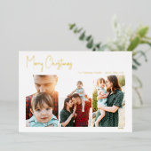 Drie foto's met modern kerstscript | Gold Foil Ho Folie Feestdagenkaart (Staand Voorkant)