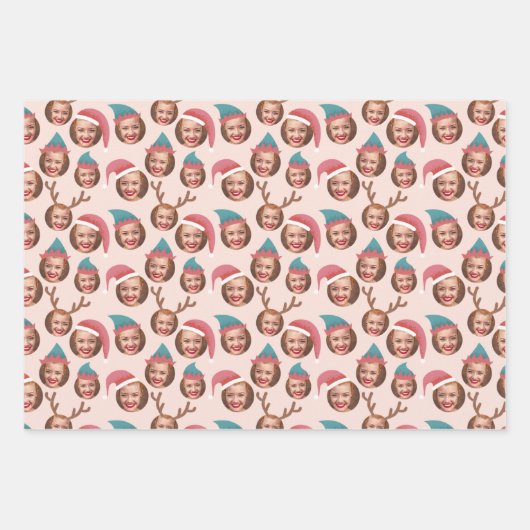 Drie foto's met roze kerstman, op maat inpakpapier vel (Voorkant)