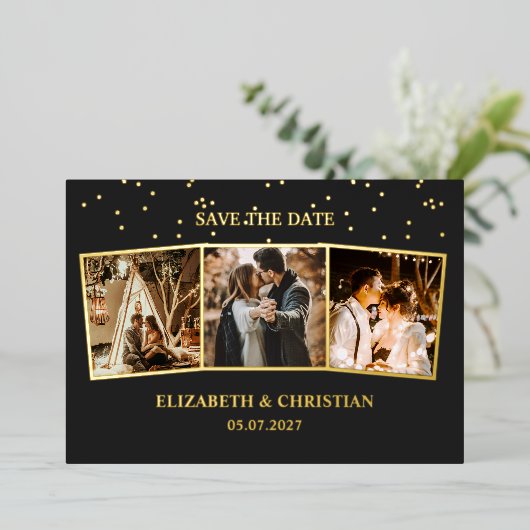 Drie foto's minimalistisch sparen de Datum Folie Uitnodiging (Staand Voorkant)