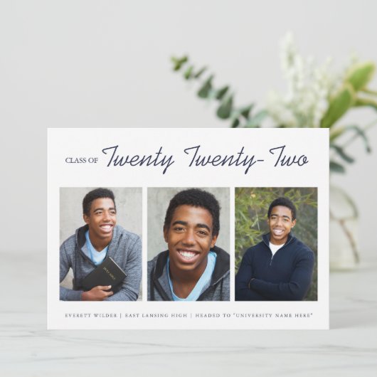 Drie foto's moderne afstudeeraankondiging | Marine Aankondiging (Staand voorkant)