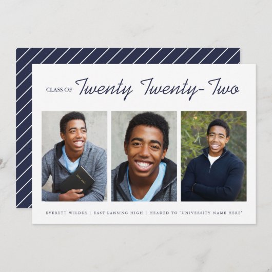 Drie foto's moderne afstudeeraankondiging | Marine Aankondiging (Voorkant / Achterkant)