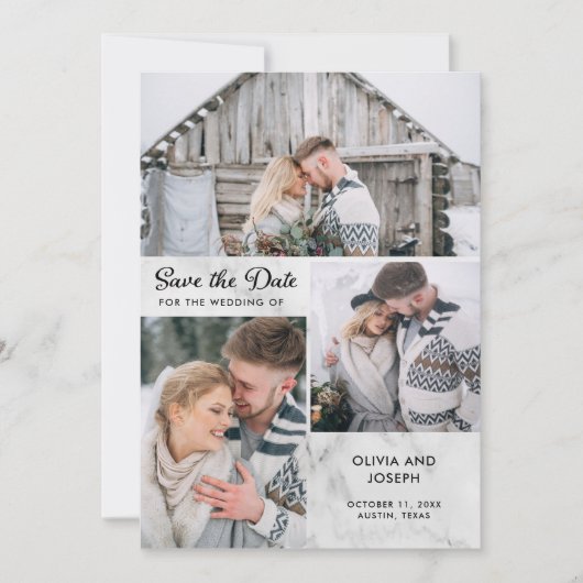 Drie Foto's op een marmer look | Weddenschap Save The Date (Voorkant)