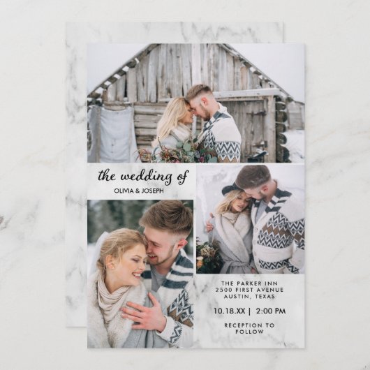 Drie foto's op Elegant Marble Kijk | Weddenschap Kaart (Voorkant / Achterkant)