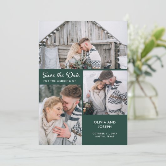 Drie foto's op Emerald Green | Weddenschap Save The Date (Staand voorkant)