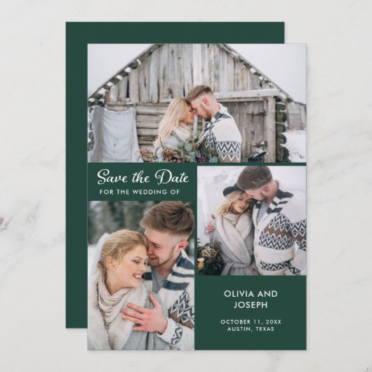 Drie foto's op Emerald Green | Weddenschap Save The Date (Voorkant / Achterkant)