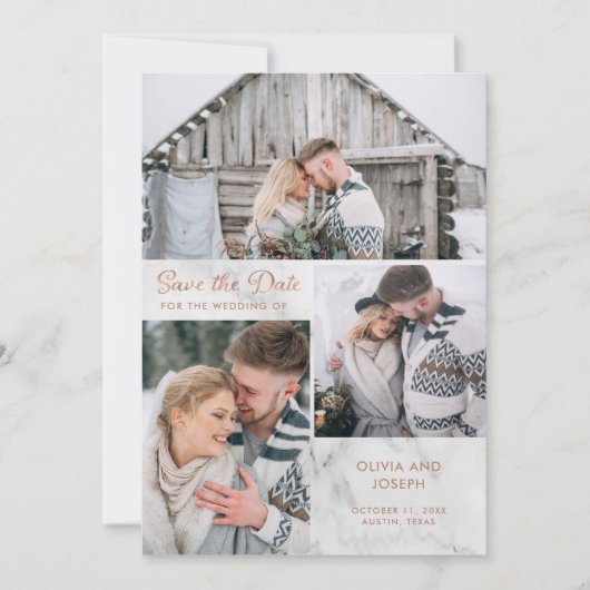 Drie foto's op marmer met Roos Gold | Weddenschap Save The Date (Voorkant)