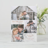 Drie foto's op marmer met Roos Gold | Weddenschap Save The Date (Staand voorkant)