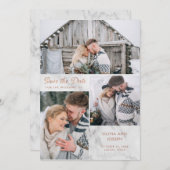 Drie foto's op marmer met Roos Gold | Weddenschap Save The Date (Voorkant / Achterkant)