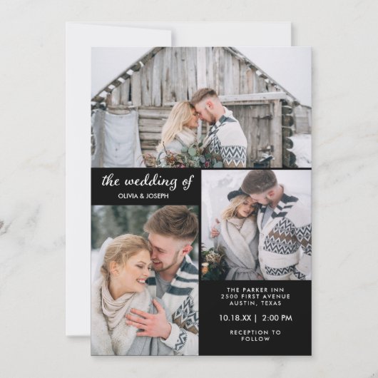 Drie Foto's op Modern Black | Weddenschap Kaart (Voorkant)