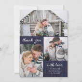 Drie foto's op Rustic Blue Wood Kijk | Weddenschap Bedankkaart (Voorkant)