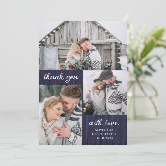 Drie foto's op Rustic Blue Wood Kijk | Weddenschap Bedankkaart (Staand voorkant)