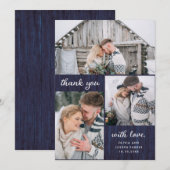 Drie foto's op Rustic Blue Wood Kijk | Weddenschap Bedankkaart (Voorkant / Achterkant)