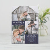 Drie foto's op Rustic Blue Wood Kijk | Weddenschap Kaart (Staand voorkant)