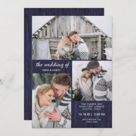 Drie foto's op Rustic Blue Wood Kijk | Weddenschap Kaart