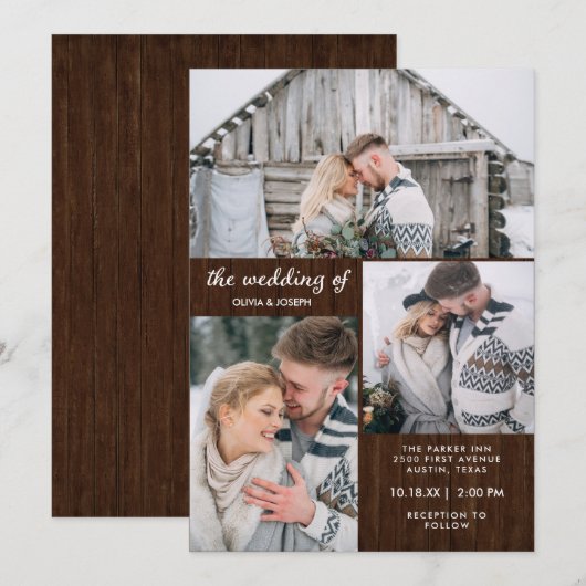 Drie foto's op Rustic Wood Kijk | Weddenschap Kaart (Voorkant / Achterkant)
