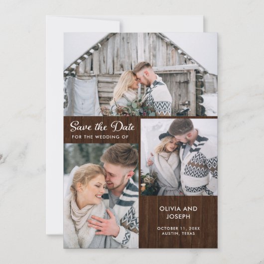 Drie foto's op Rustic Wood Kijk | Weddenschap Save The Date (Voorkant)