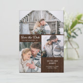 Drie foto's op Rustic Wood Kijk | Weddenschap Save The Date (Staand voorkant)