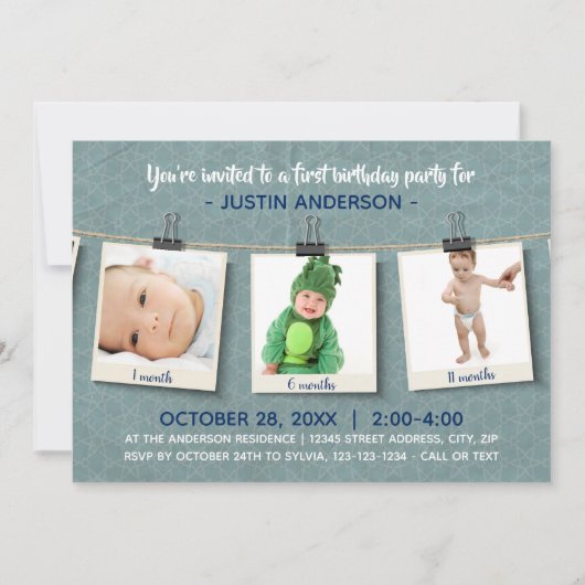 Drie foto's op touw - uitnodiging verjaardagsfeest (Voorkant)