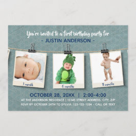 Drie foto's op touw - uitnodiging verjaardagsfeest