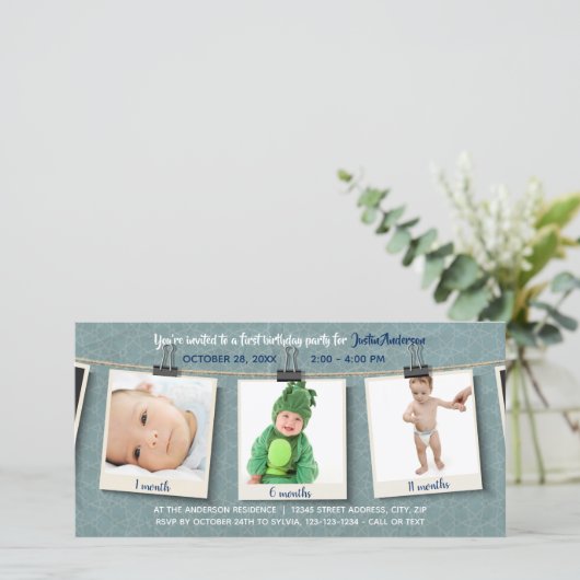 Drie foto's op touw - verjaardags fotokaart (Staand voorkant)