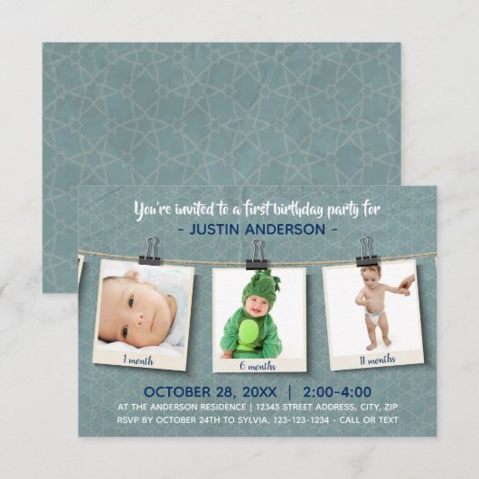 Drie foto's op Twine-3x5Birthday Party uitnodiging (Voorkant / Achterkant)